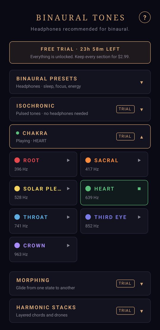 Binaural Tones app — Chakra screen