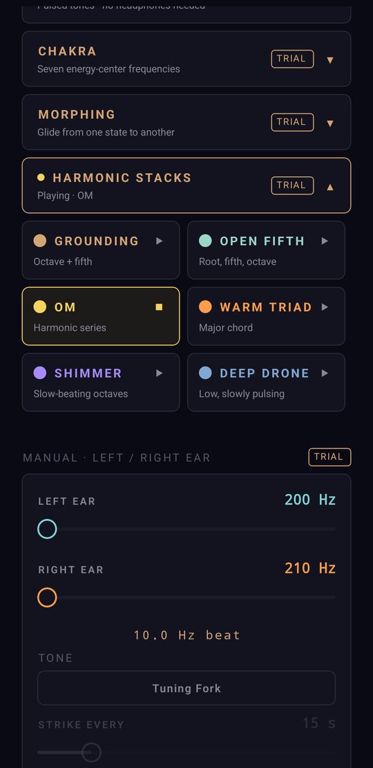 Binaural Tones app — Harmonic stacks screen