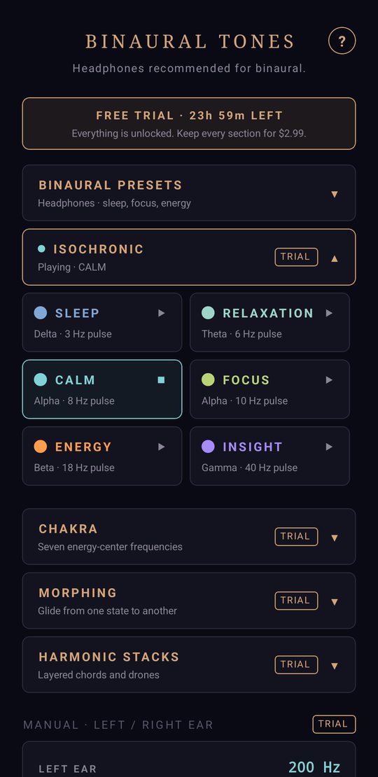 Binaural Tones app — Isochronic screen