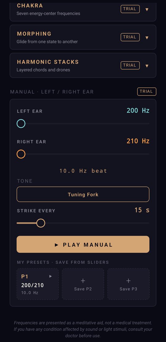 Binaural Tones app — Manual + tuning fork screen