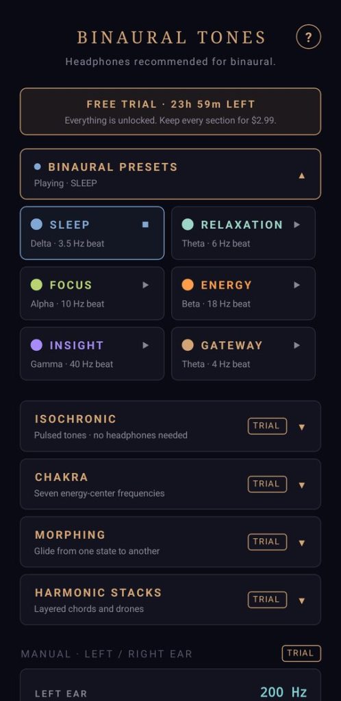 The Binaural Presets section in Binaural Tones, playing Sleep (Delta, 3.5 Hz).