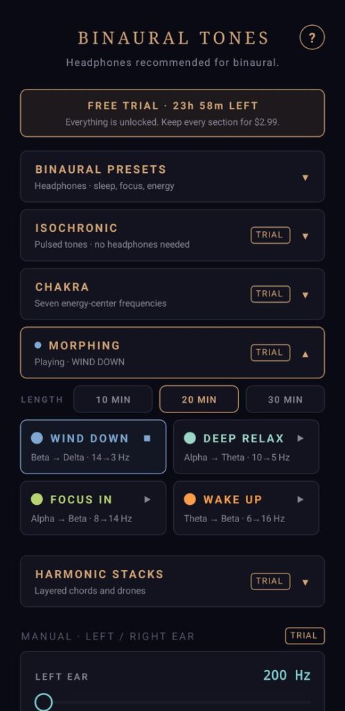 Morphing journeys in Binaural Tones, including Deep Relax (Alpha to Theta).